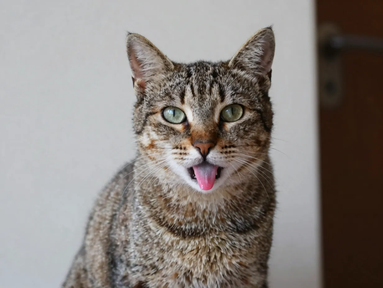 Cat sitting still with a tiny blep tongue tip poking out