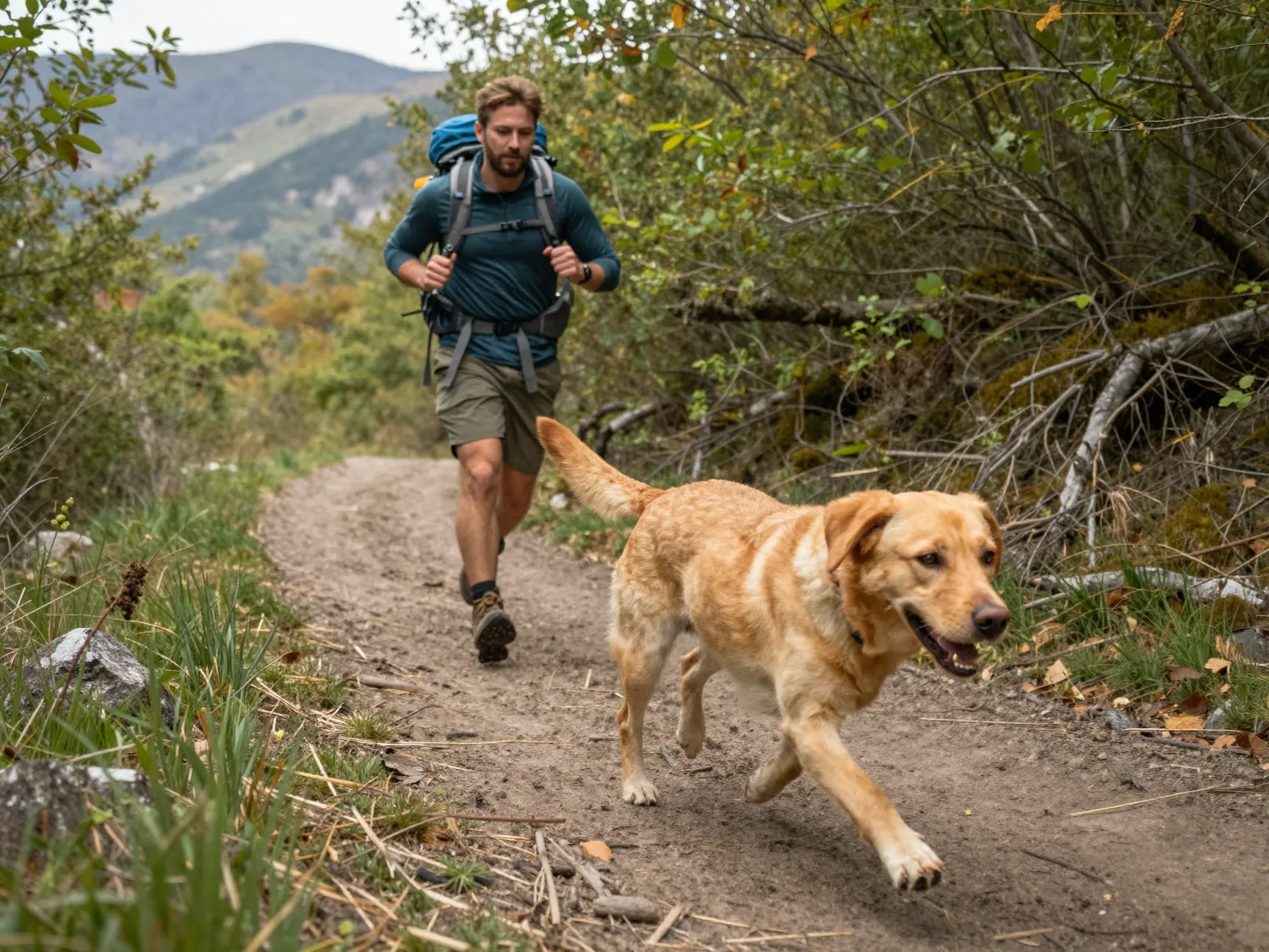 Fox red labrador running on hiking trail with active owner backpack