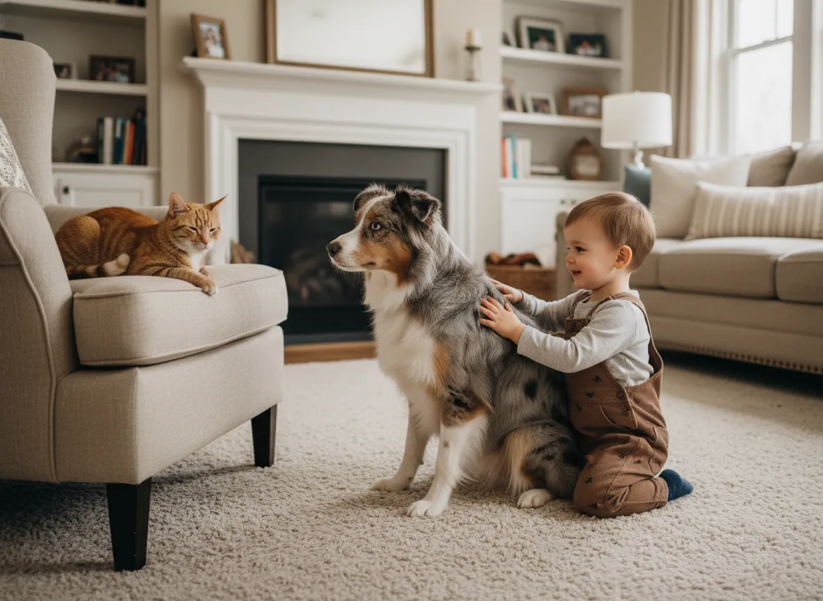 Gentle dog interacting calmly with a young child and a cat