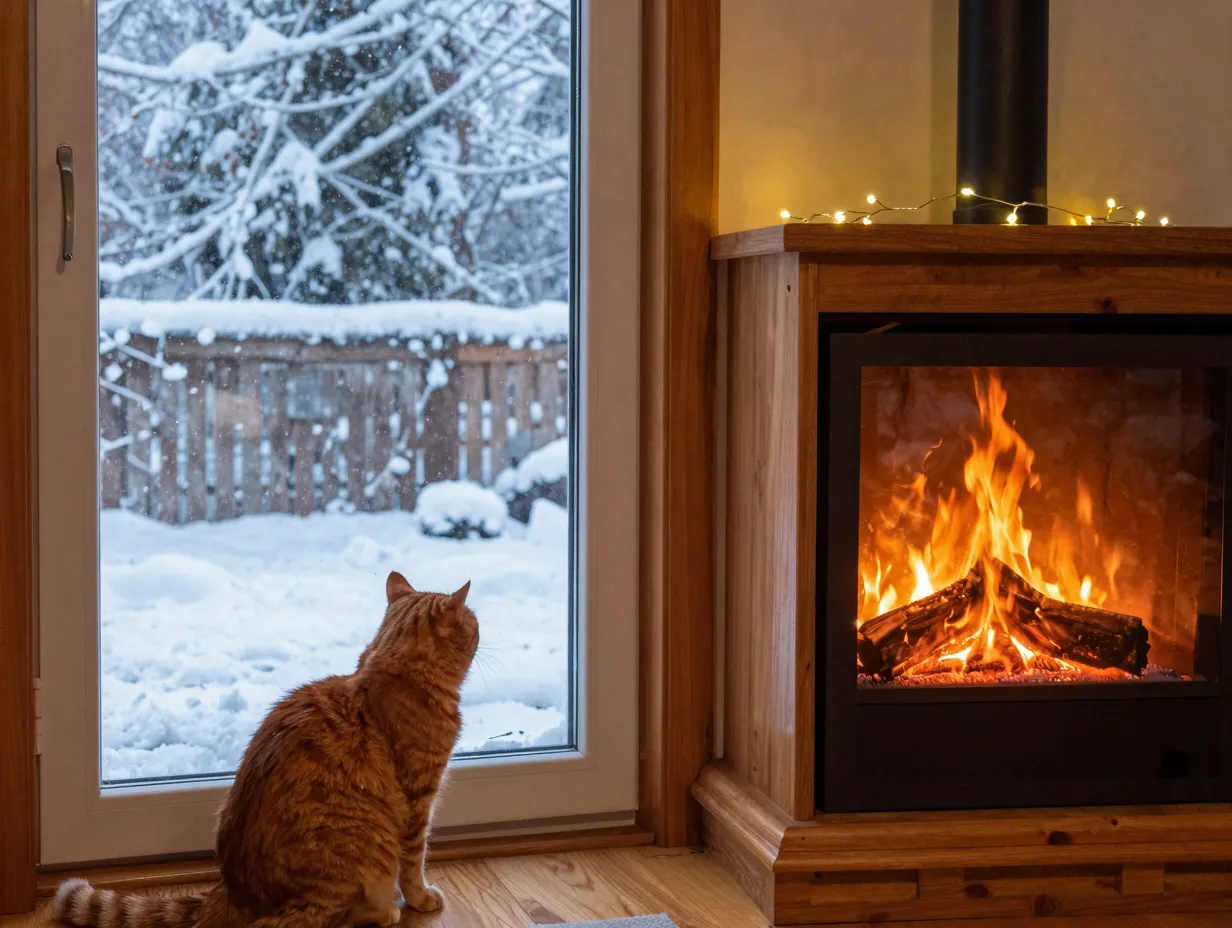 Orange cat indoors warm fireplace glow snow outside window contrast