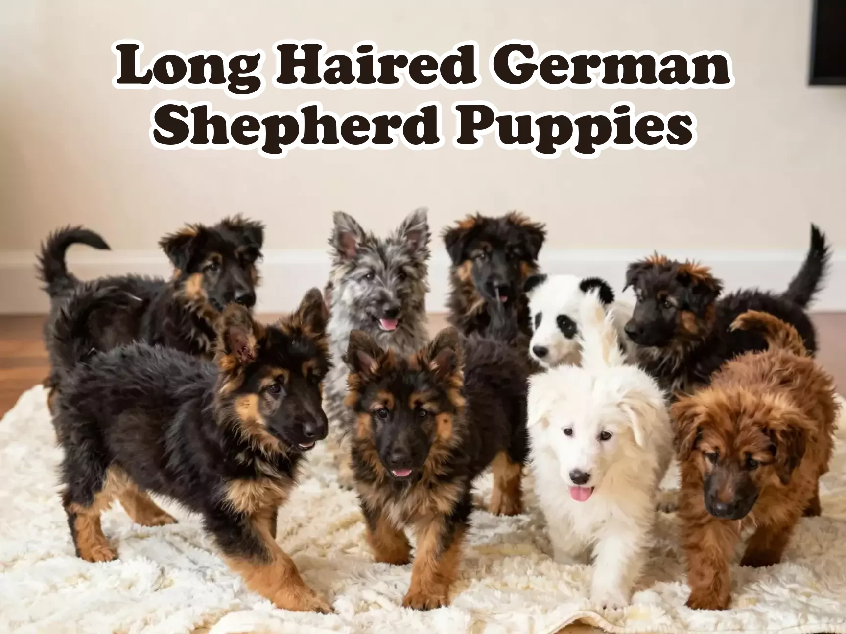 Nine fluffy long haired german shepherd puppies group play on blanket main
