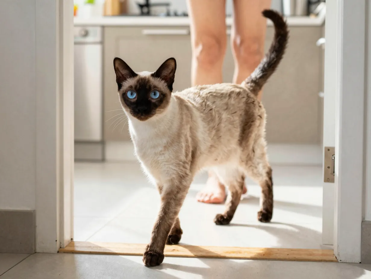 Elegant balinese cat following owner through sunlit kitchen doorway
