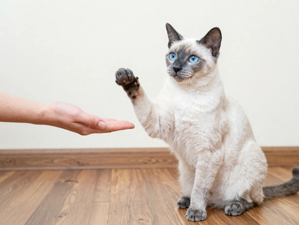 Intelligent balinese cat sitting on command before a human hand