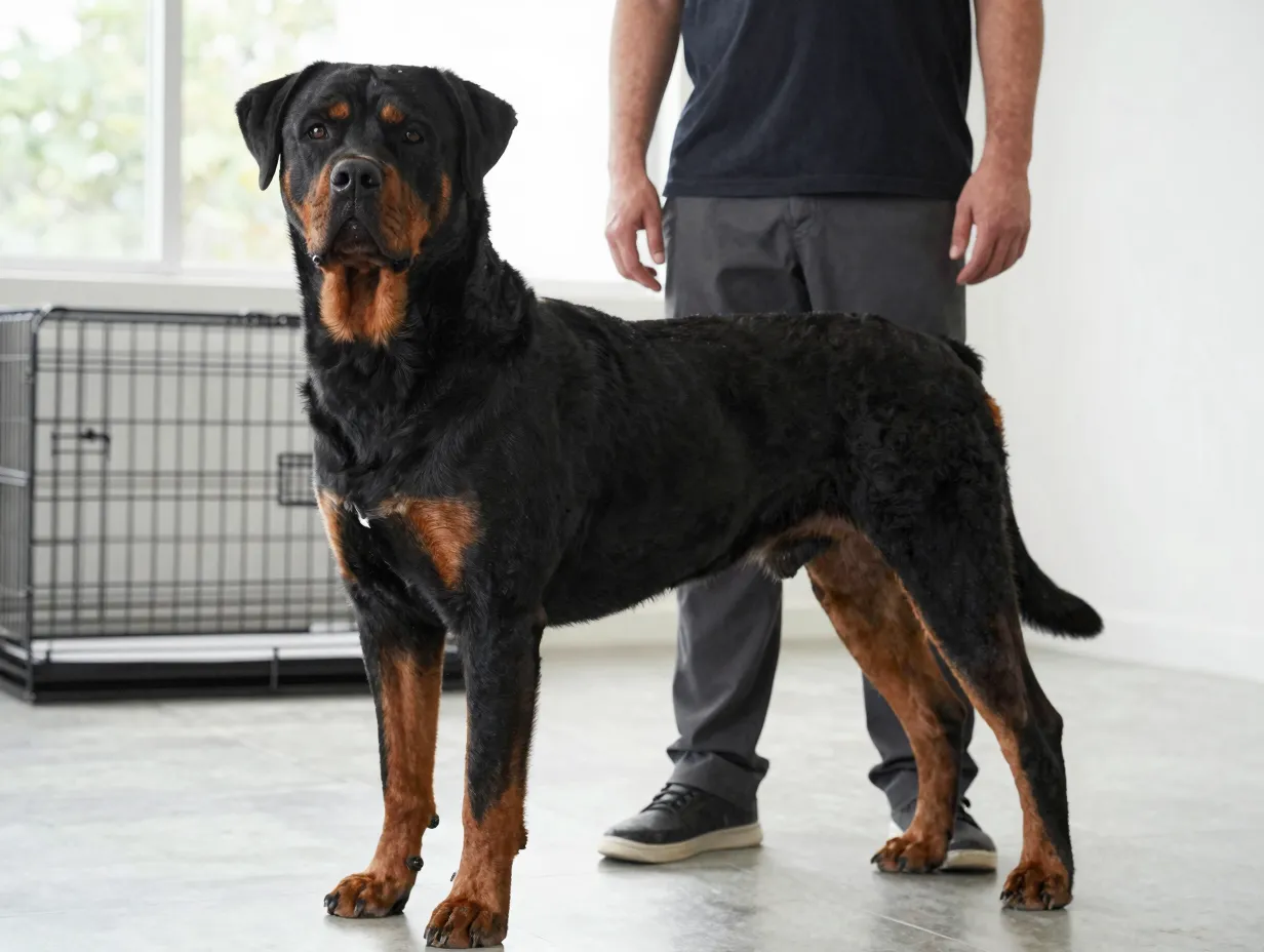Large adult labrottie dog standing tall beside owner