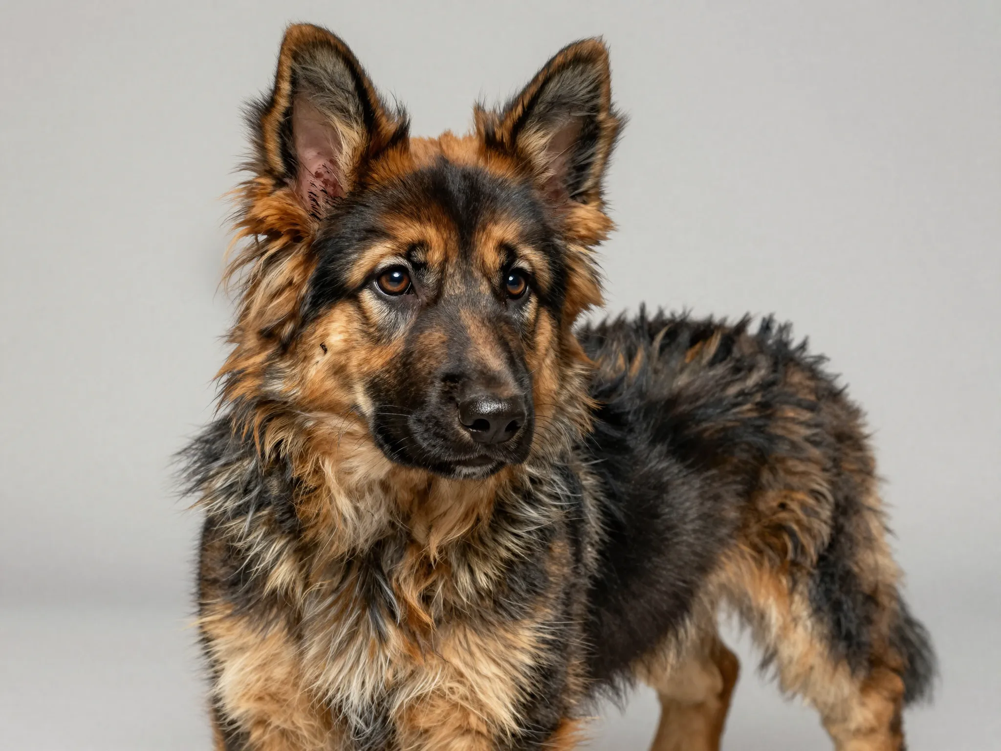 Sable long haired german shepherd puppy shimmering coat watercolor effect