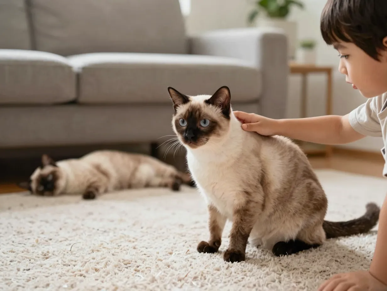 Affectionate balinese cat patiently interacting with a young child