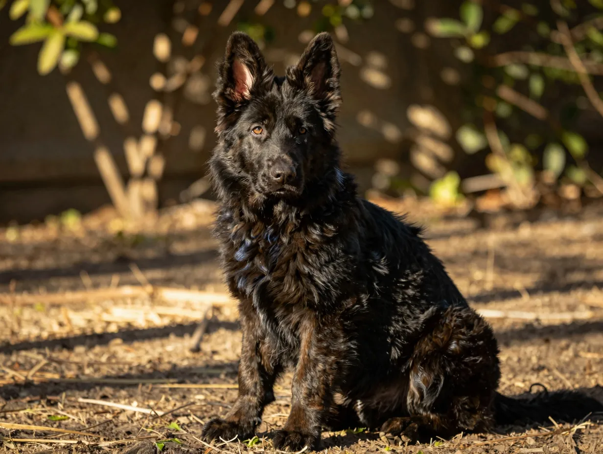 Solid black velvet long haired german shepherd puppy sunlight ghost shading