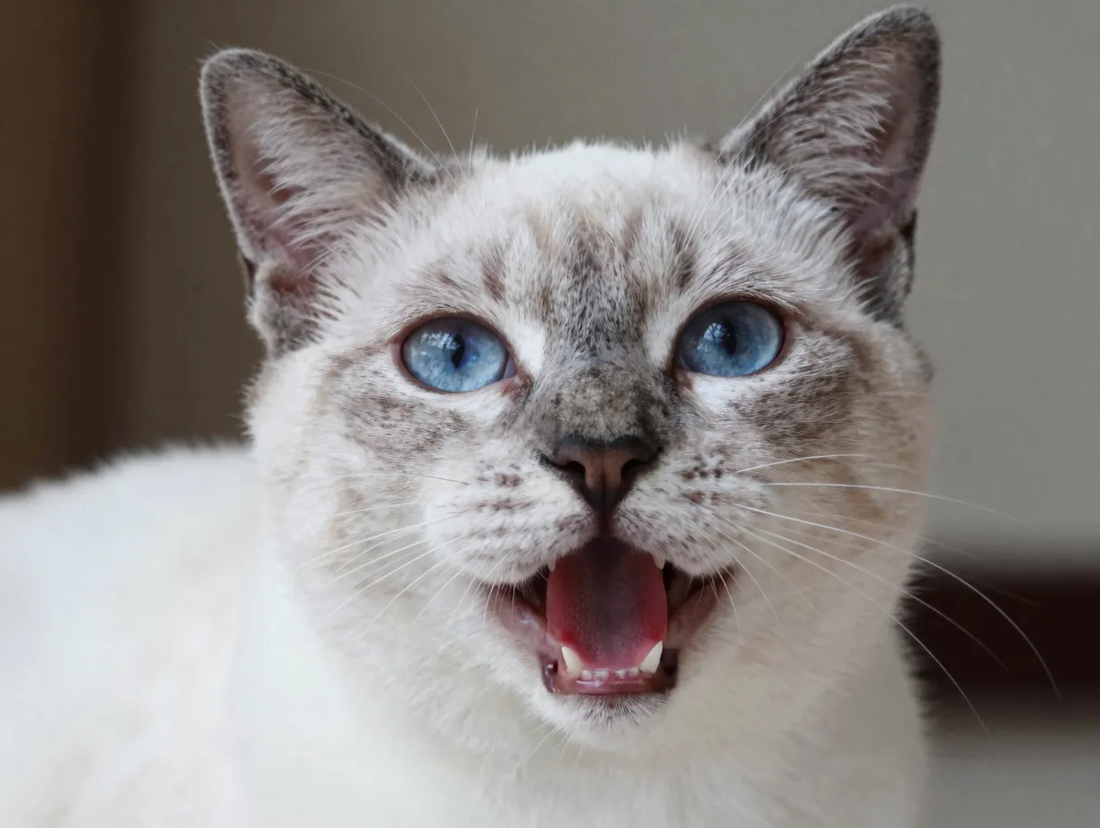Balinese cat with mouth open emitting a soft melodic meow