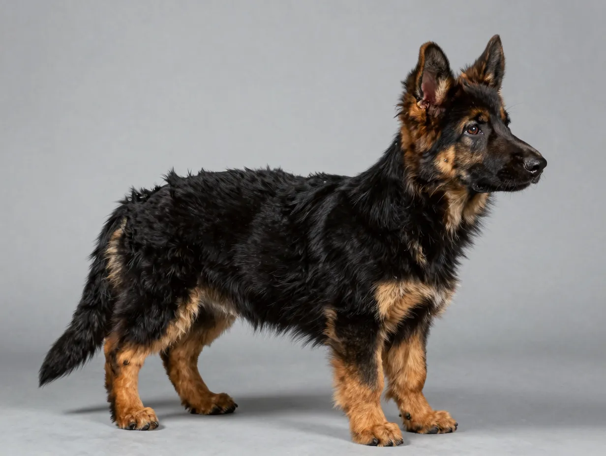 Bicolor long haired german shepherd puppy cape like tuxedo coat effect