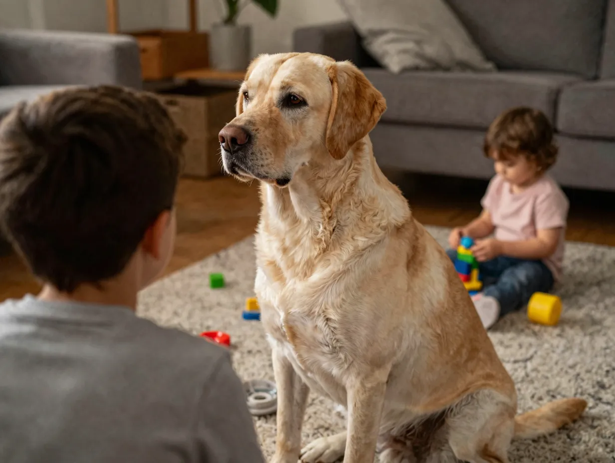 Protective socialized labrottie dog calmly watching family child