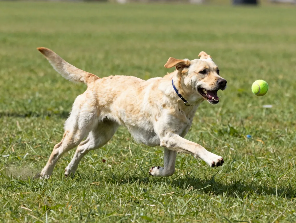 Active labrottie dog playing fetch running in outdoor field