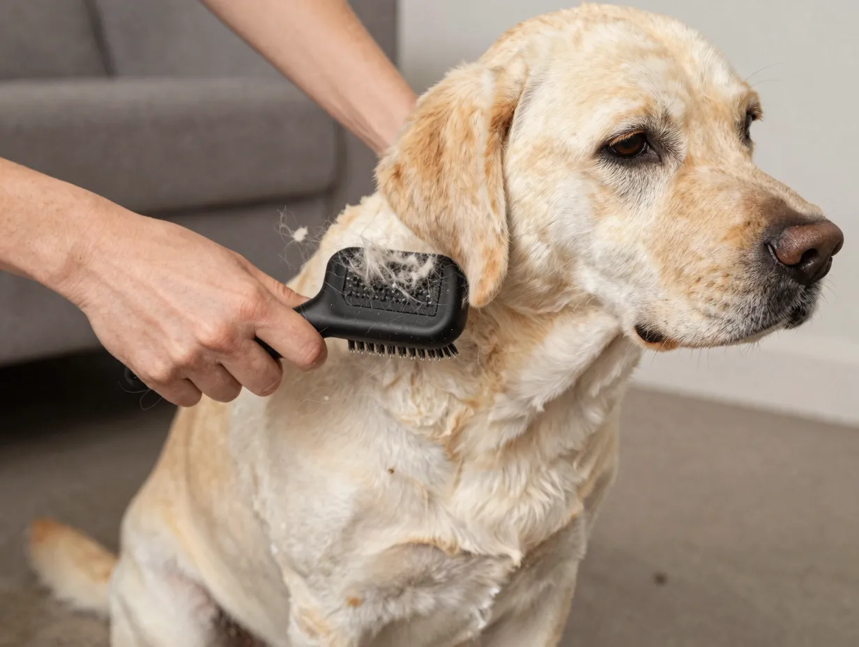 Easy grooming labrottie being brushed with deshedding tool