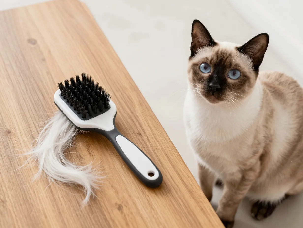 Grooming brush with minimal fur next to a balinese cat