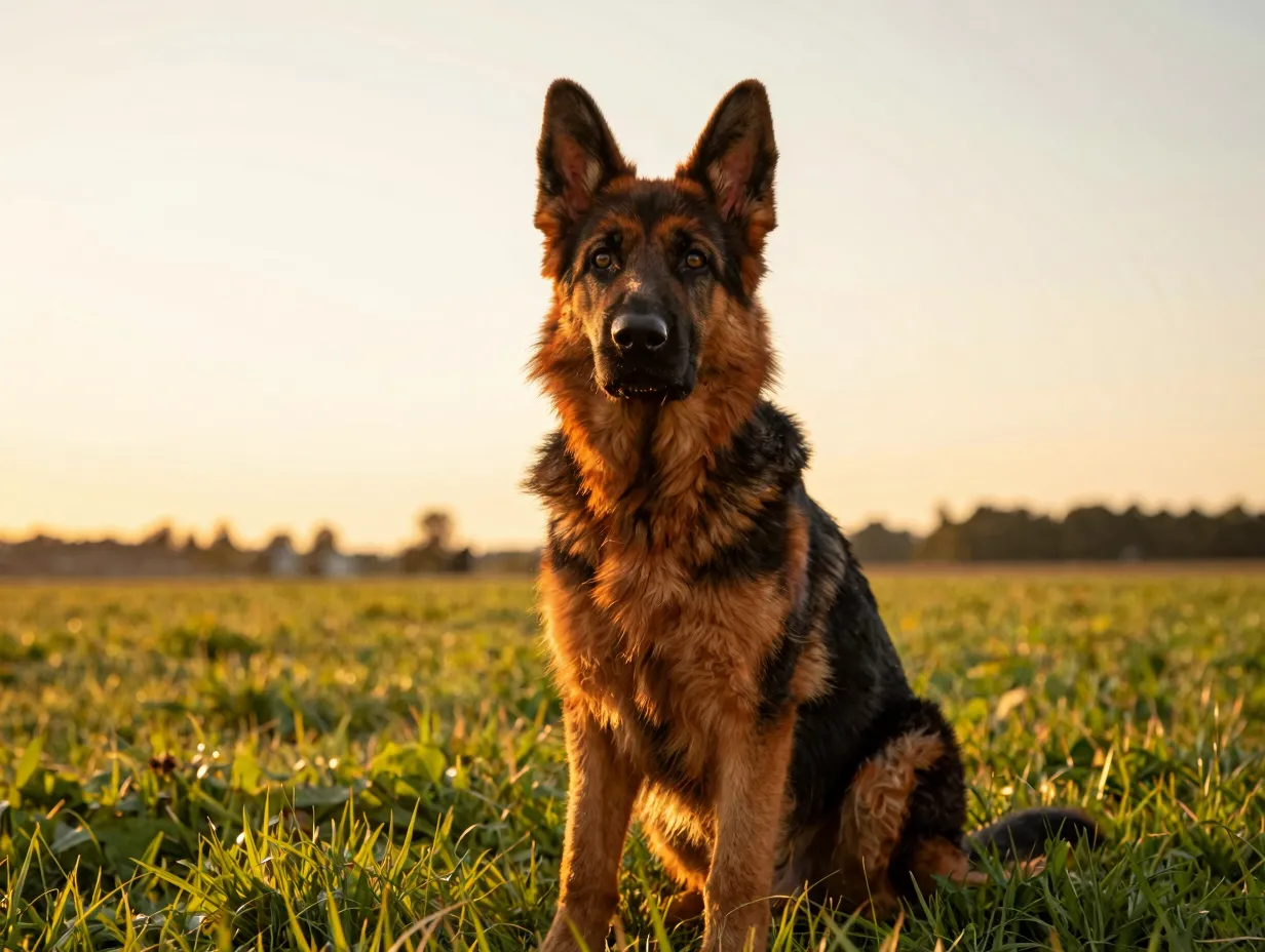 Red black long haired german shepherd puppy mahogany rich coat sunlight