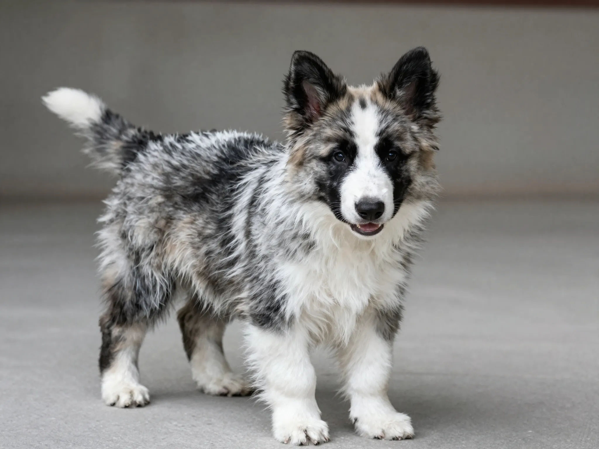 Panda marked long haired german shepherd puppy white patches flowing fur