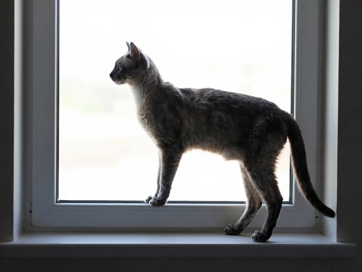 Slender balinese cat perched elegantly on a narrow windowsill