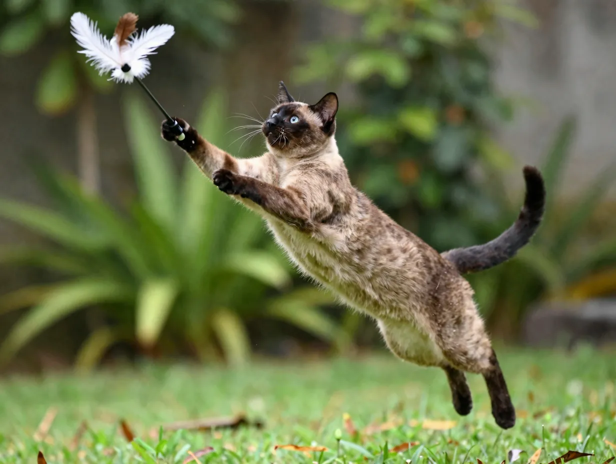 Balinese cat leaping acrobatically after a feather wand toy