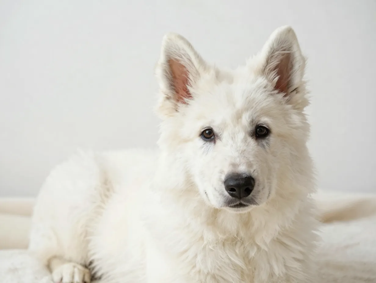 White long haired german shepherd puppy pure fluffy coat gentle expression