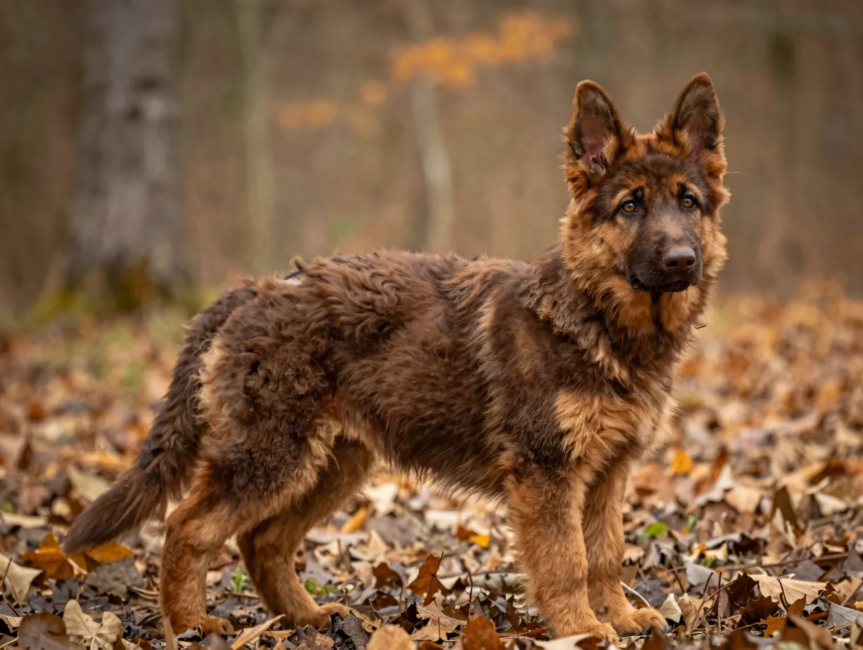 Liver tan long haired german shepherd puppy warm chocolate brown coat