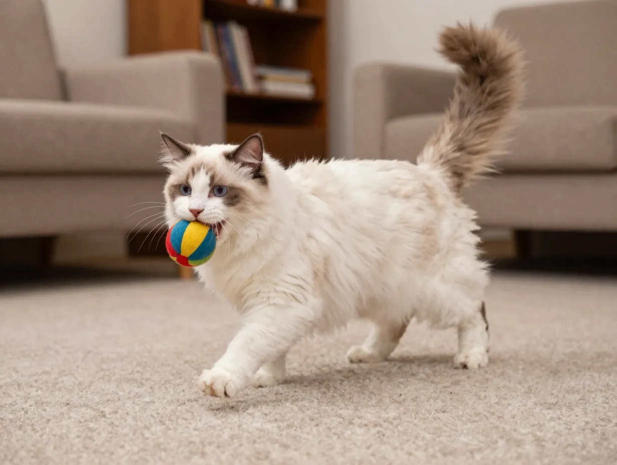 Dog like turkish van cat fetching toy in cozy living room