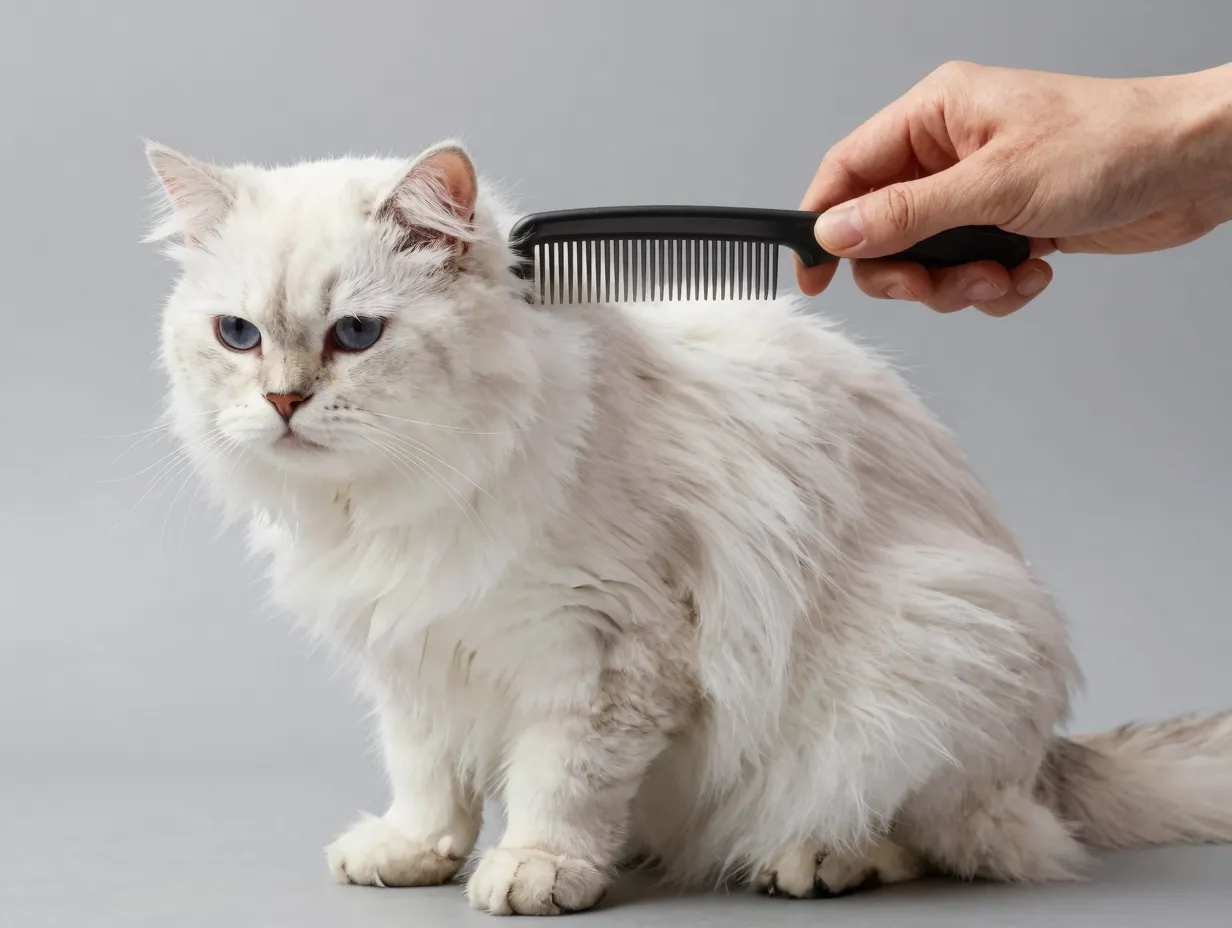 Turkish van cat with waterproof coat being gently combed weekly