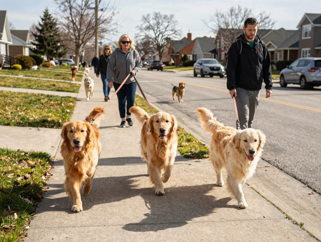 Light colored golden retrievers are common in a suburban neighborhood