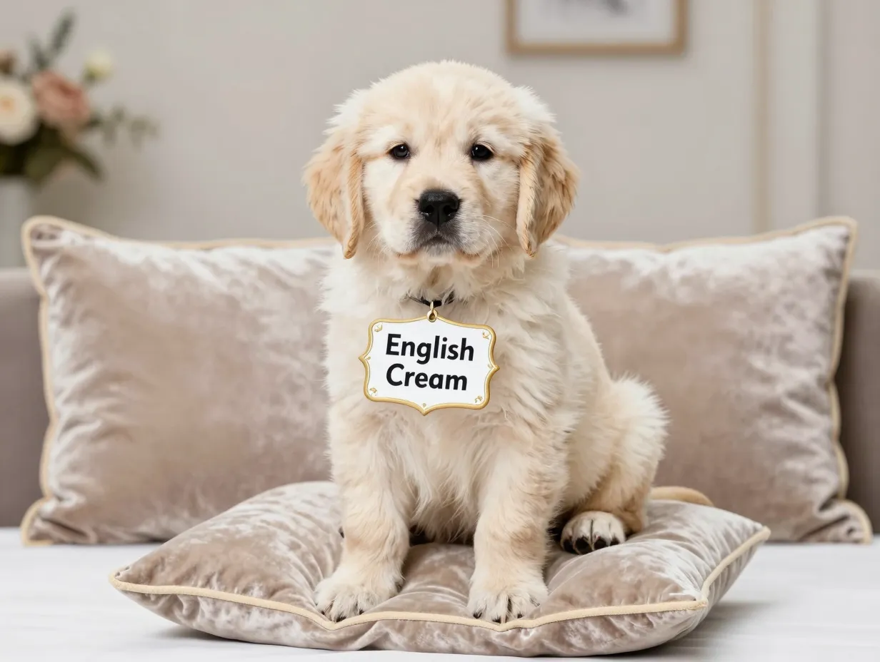 An english cream golden retriever puppy sits in a marketing context
