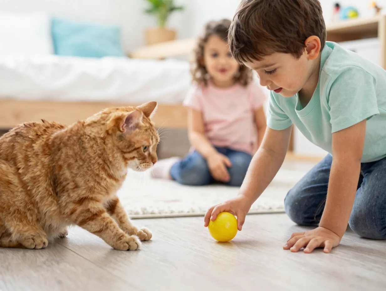 Turkish van cat with child playing gently together on floor