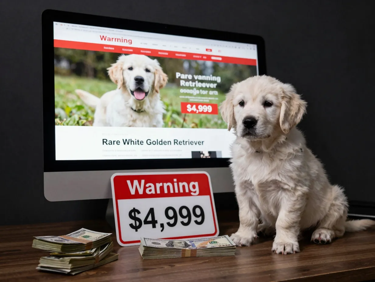 A warning sign warns against overpriced rare white puppy advertising