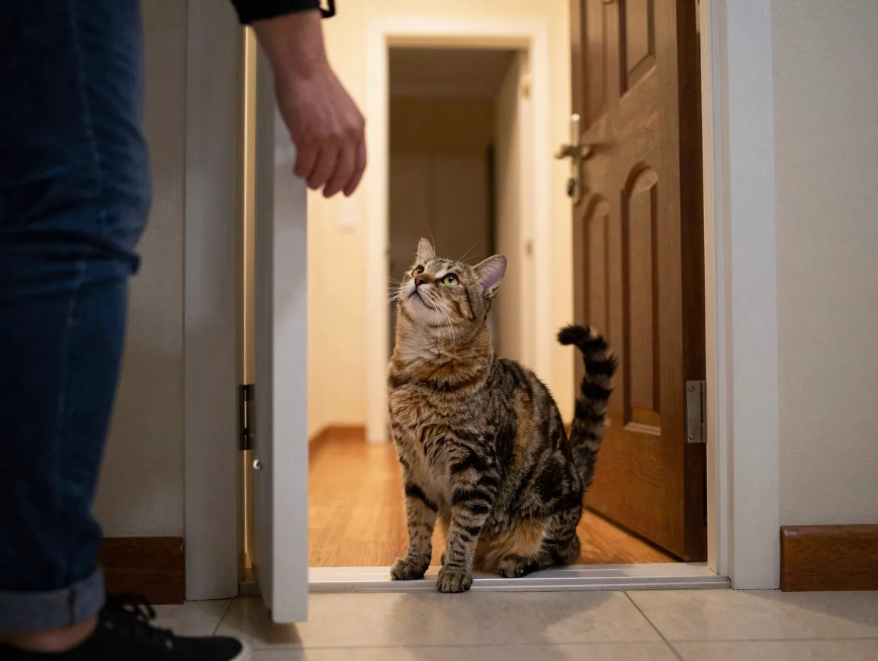 Loyal turkish van cat greeting owner at front door