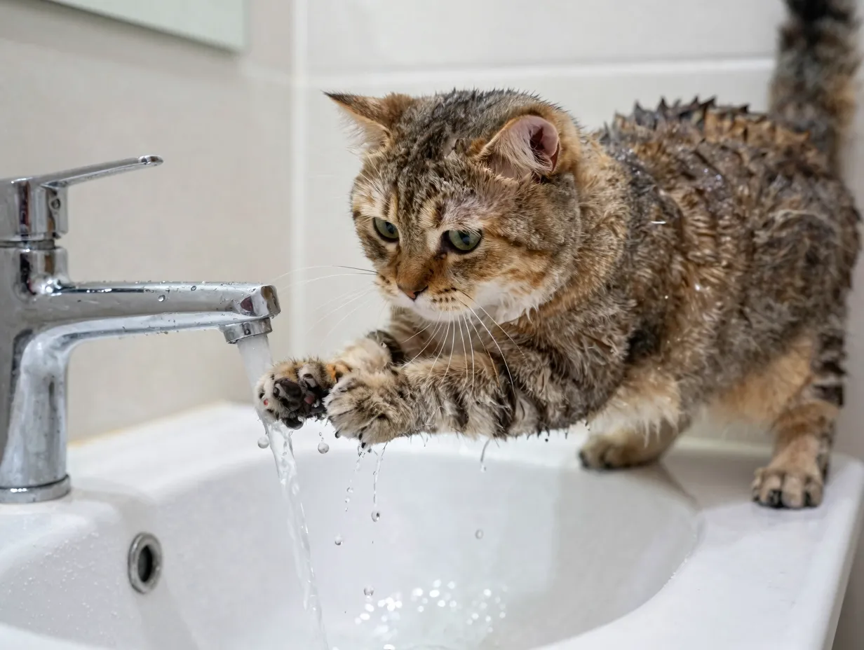 Turkish van cat playing with water stream from bathroom faucet