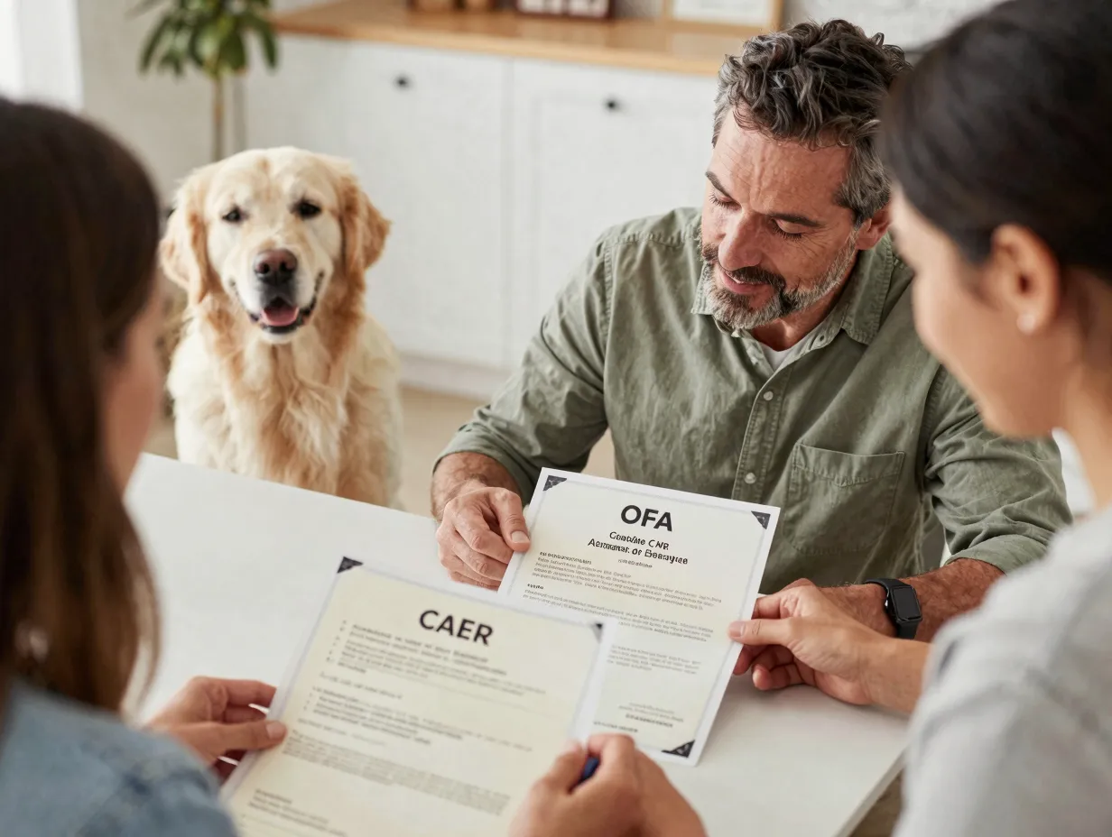 A reputable breeder reviews health certificates with a prospective owner