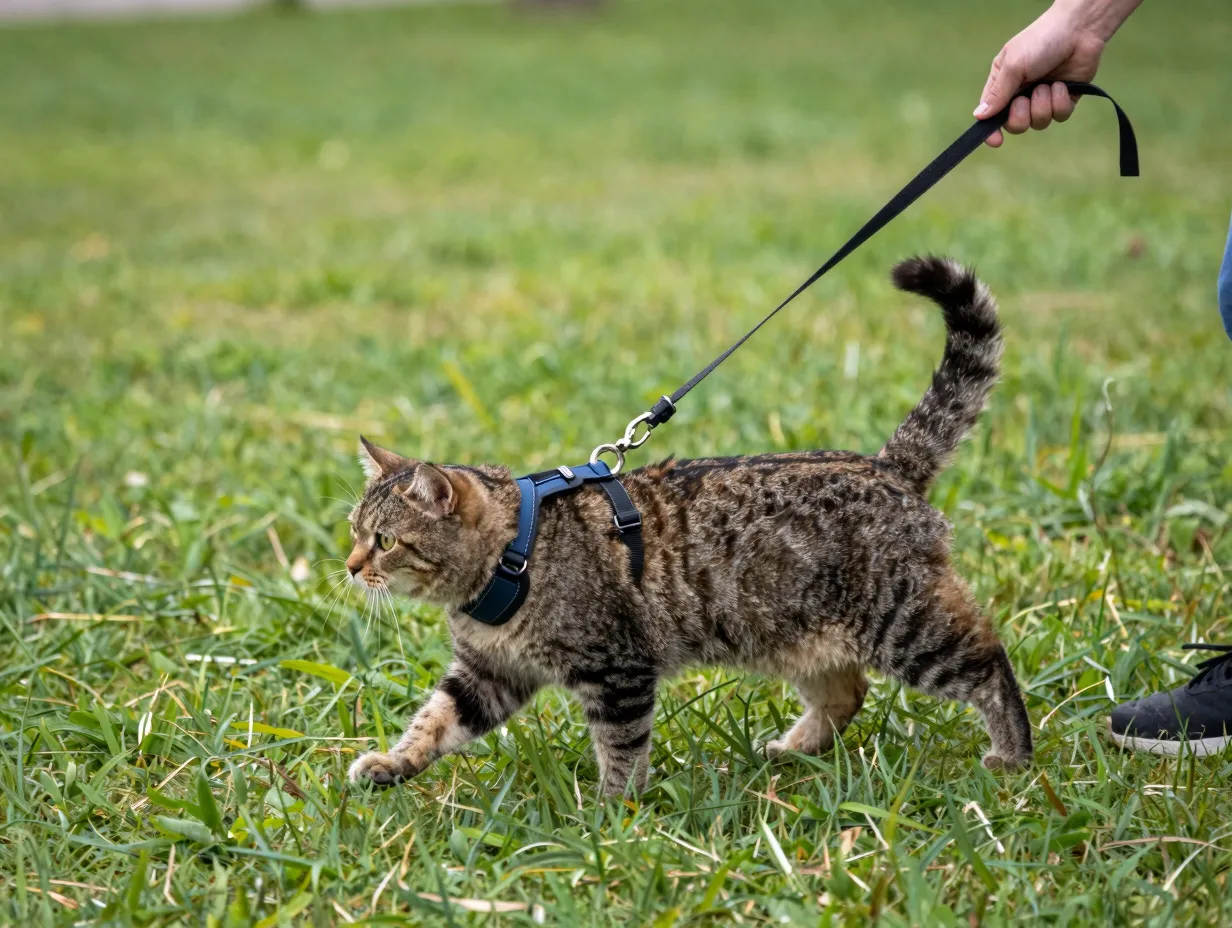 Turkish van cat walking on leash in park with owner