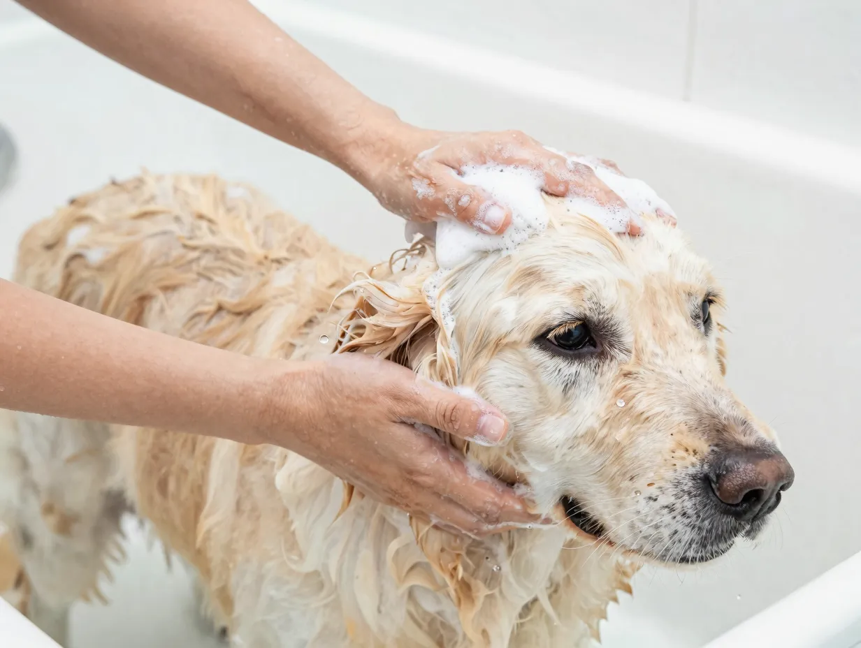 Grooming a light coated golden retriever with a whitening shampoo