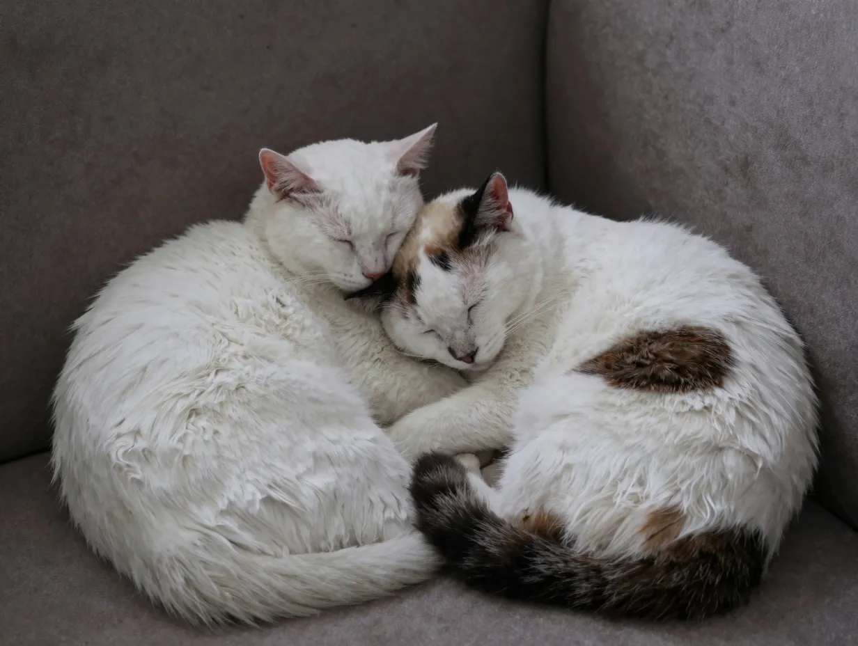 Two turkish van cats curled together sleeping on couch