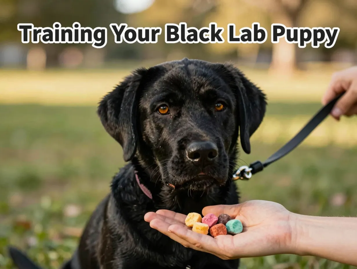 Attentive black lab puppy training treats positive reinforcement sunny park