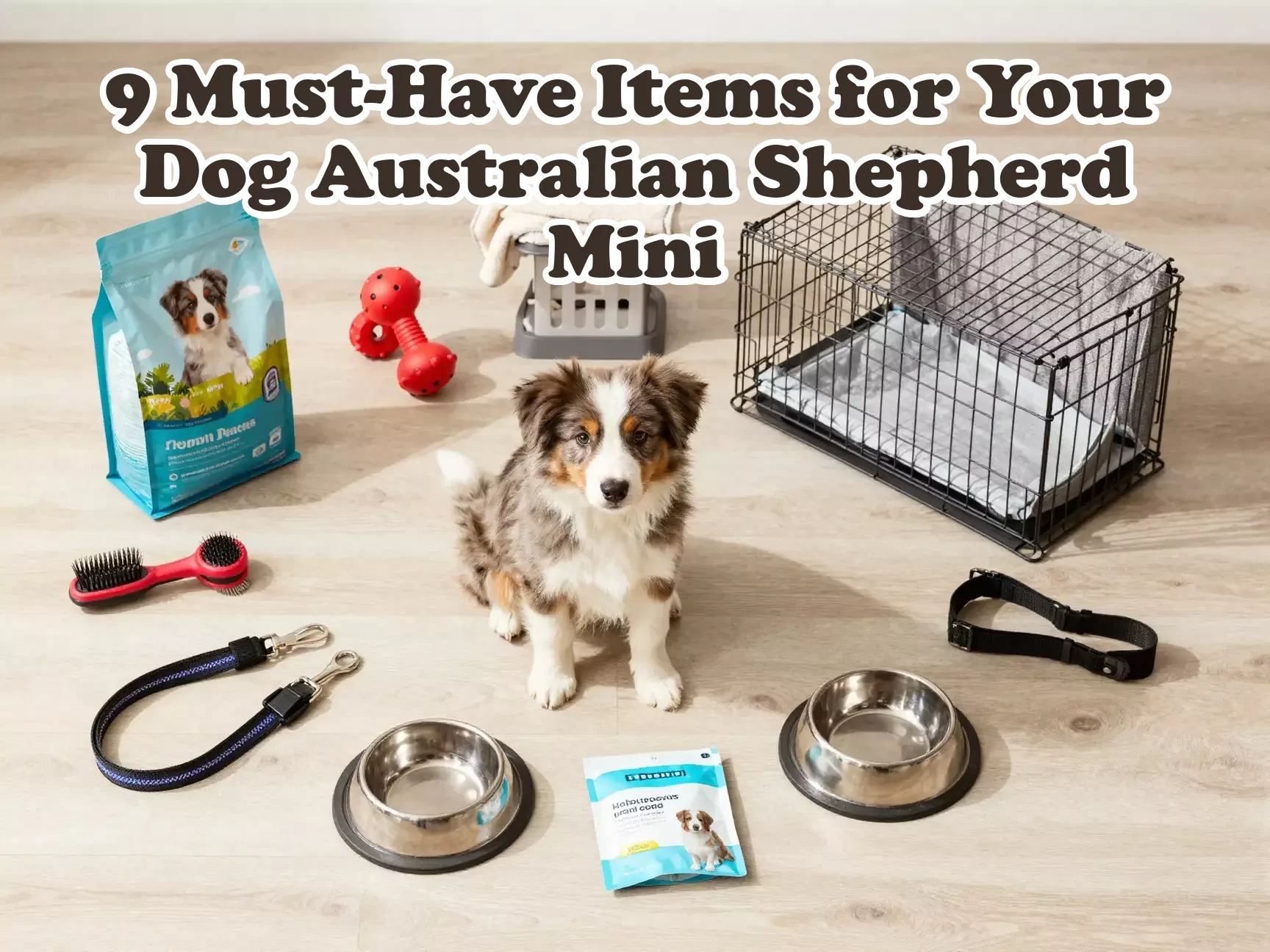 Mini aussie puppy surrounded by essential care items checklist main