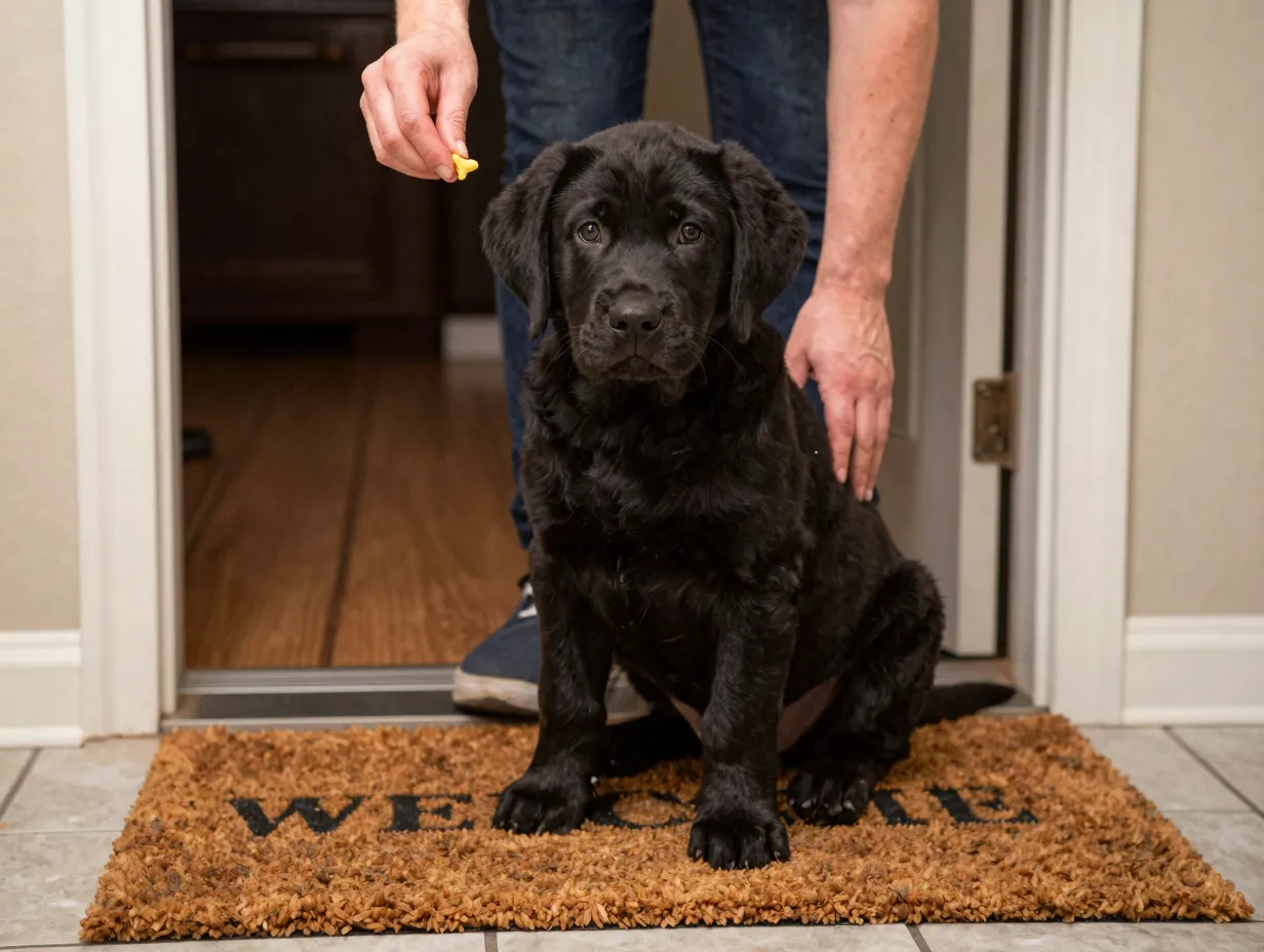 Black lab puppy sitting on welcome mat inside new home