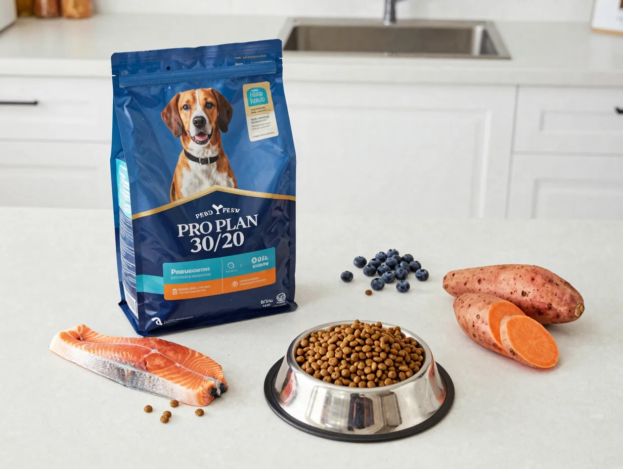 High quality breed appropriate puppy food on kitchen counter with ingredients