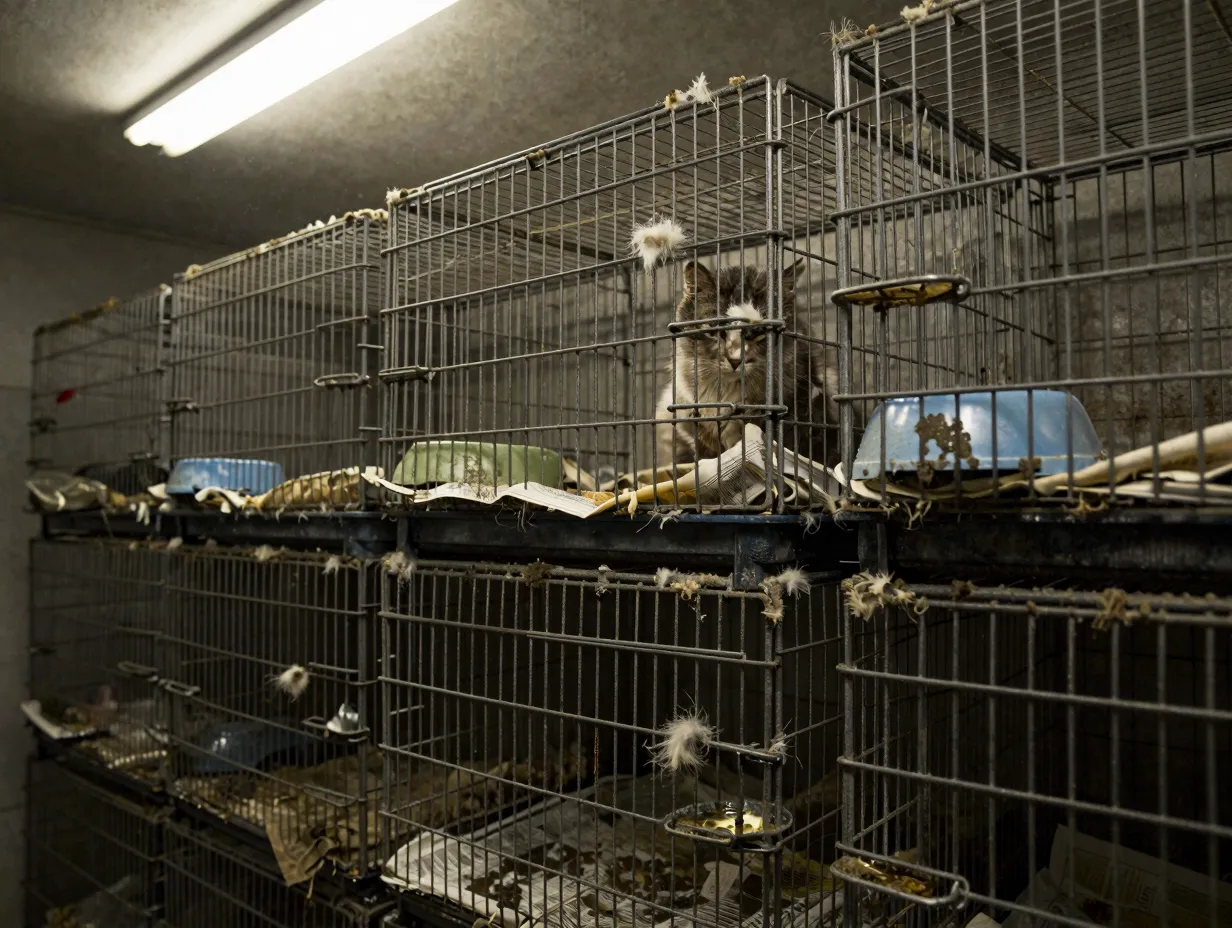 Overcrowded dirty cat cages filth poor ventilation small space