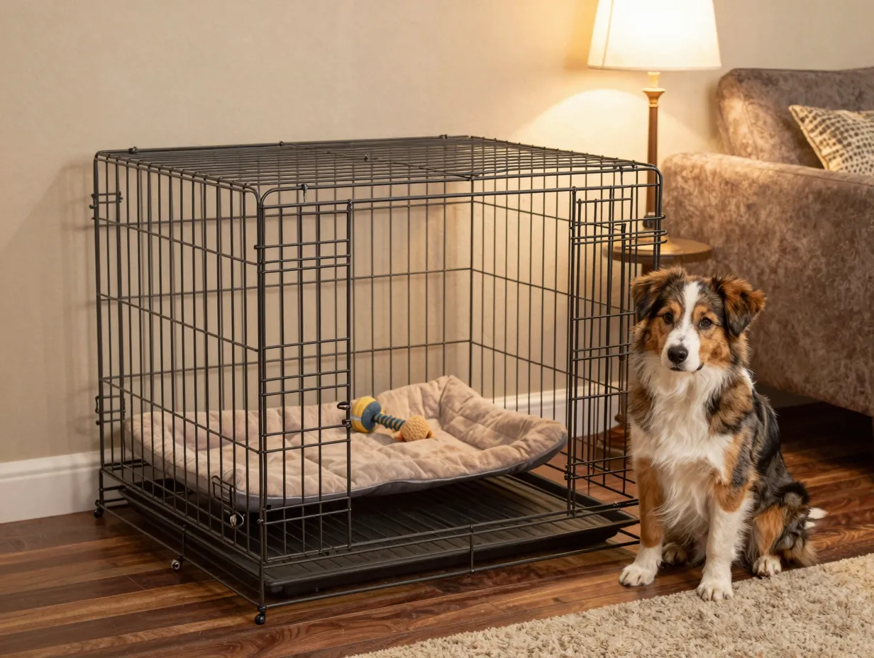 Appropriately sized wire dog crate with divider panel for puppy