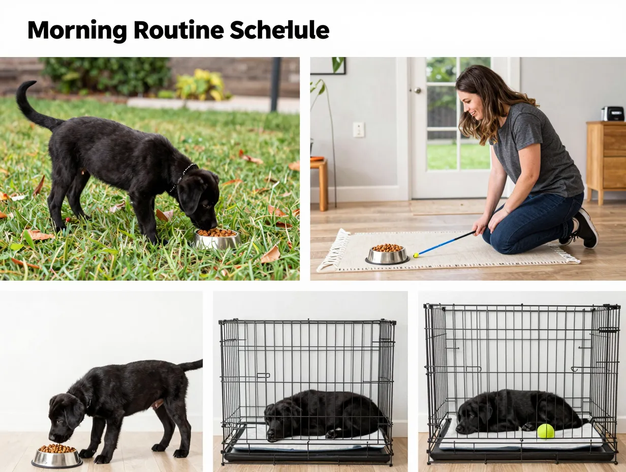 Black lab puppy following predictable morning routine schedule
