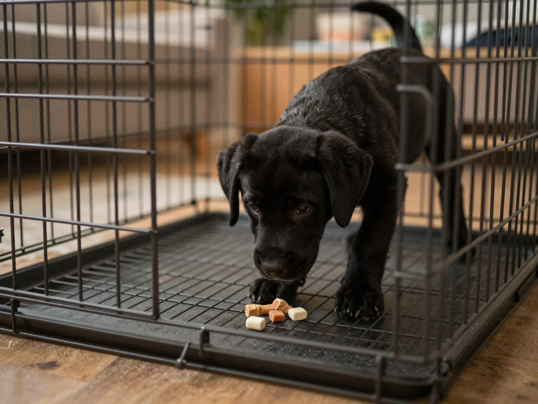 Black lab puppy curiously exploring open crate with treats inside