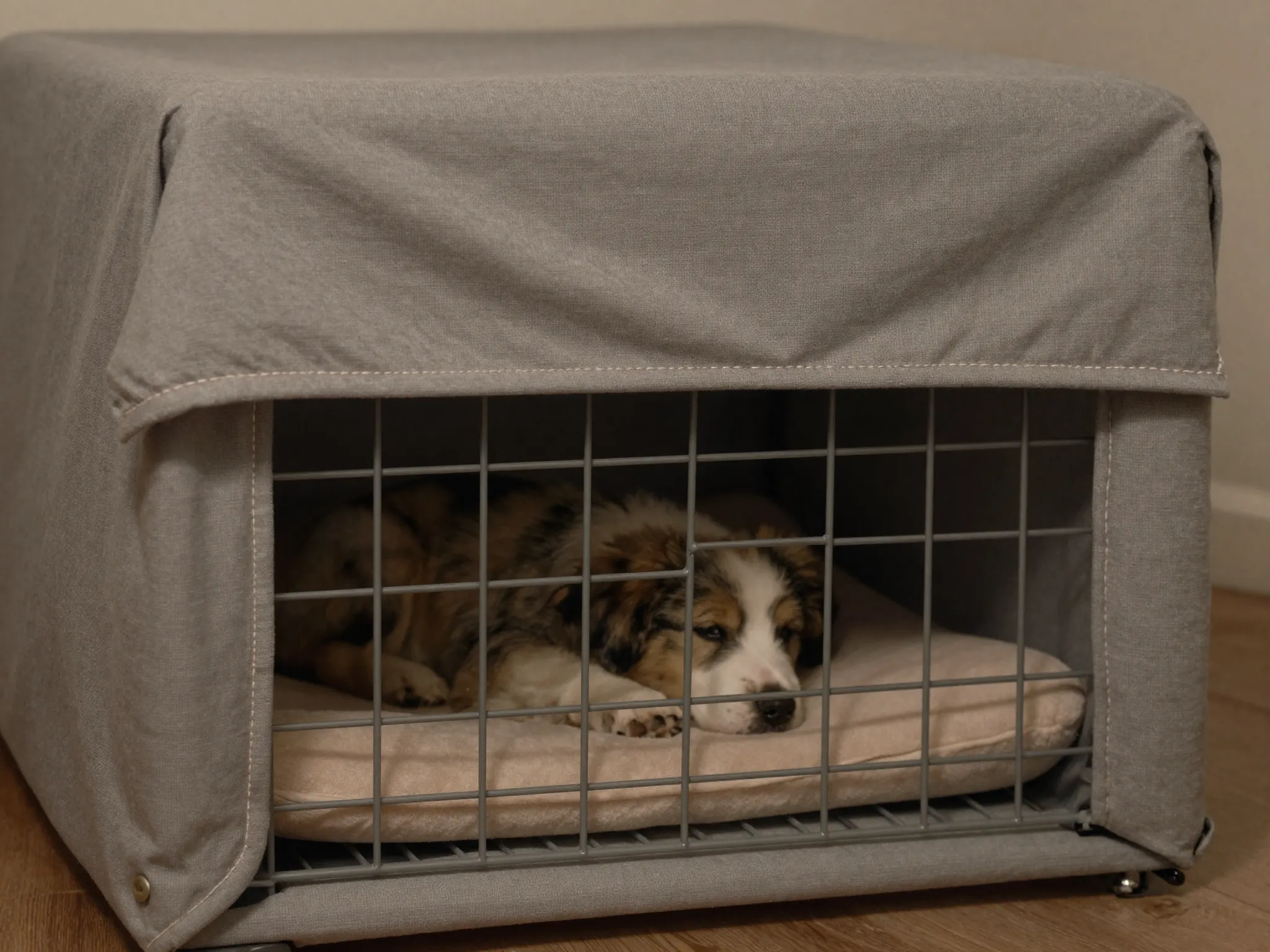 Cozy crate cover transforming wire cage into den for dog