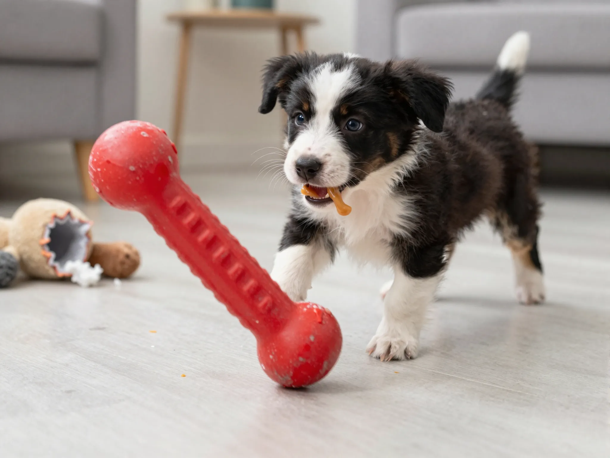 Durable red kong chew toy for teething mini aussie puppy