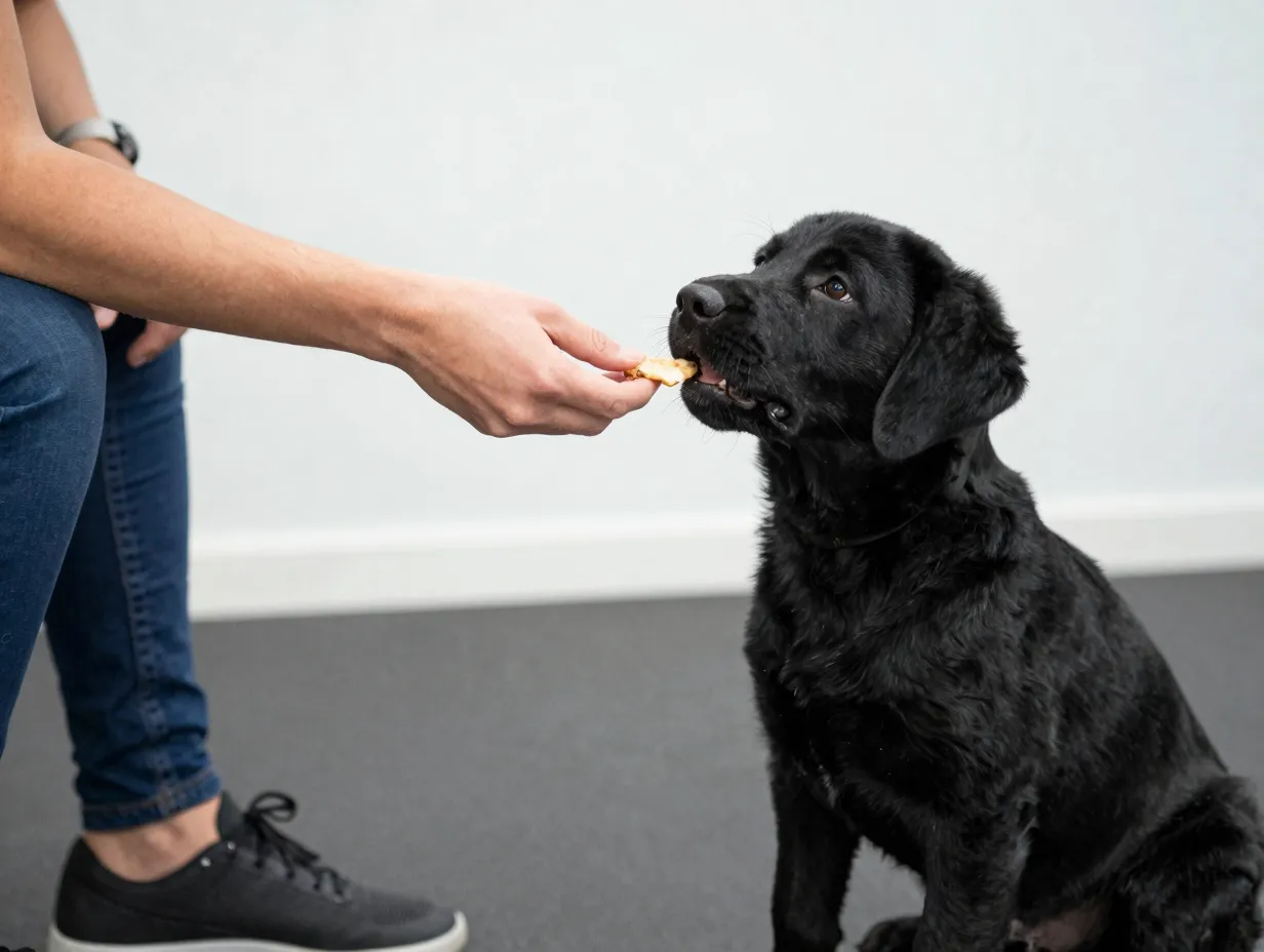 Trainer rewarding black lab puppy with treat after successful command