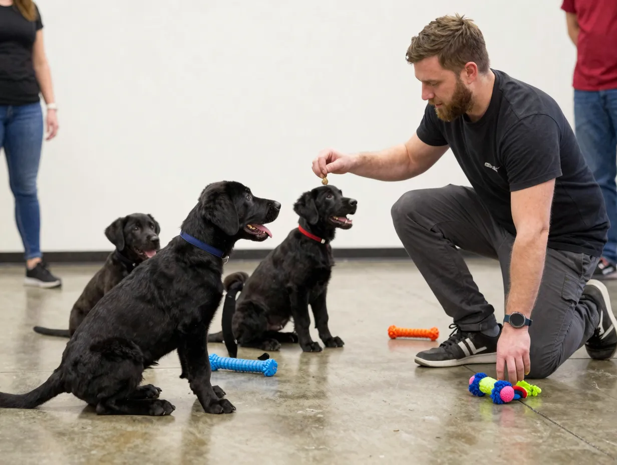Black lab puppy practicing five foundation commands during short session