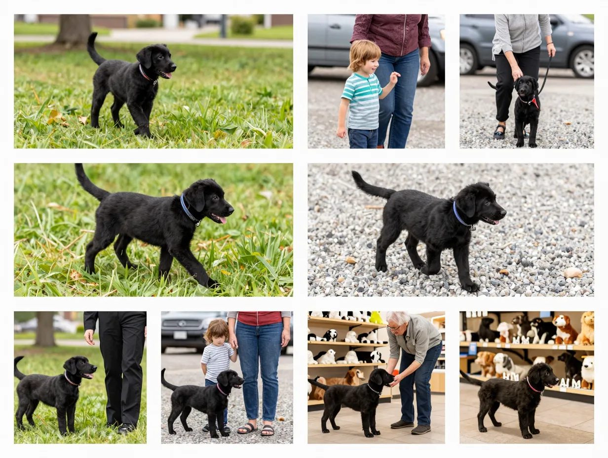 Black lab puppy socializing with diverse people and environments