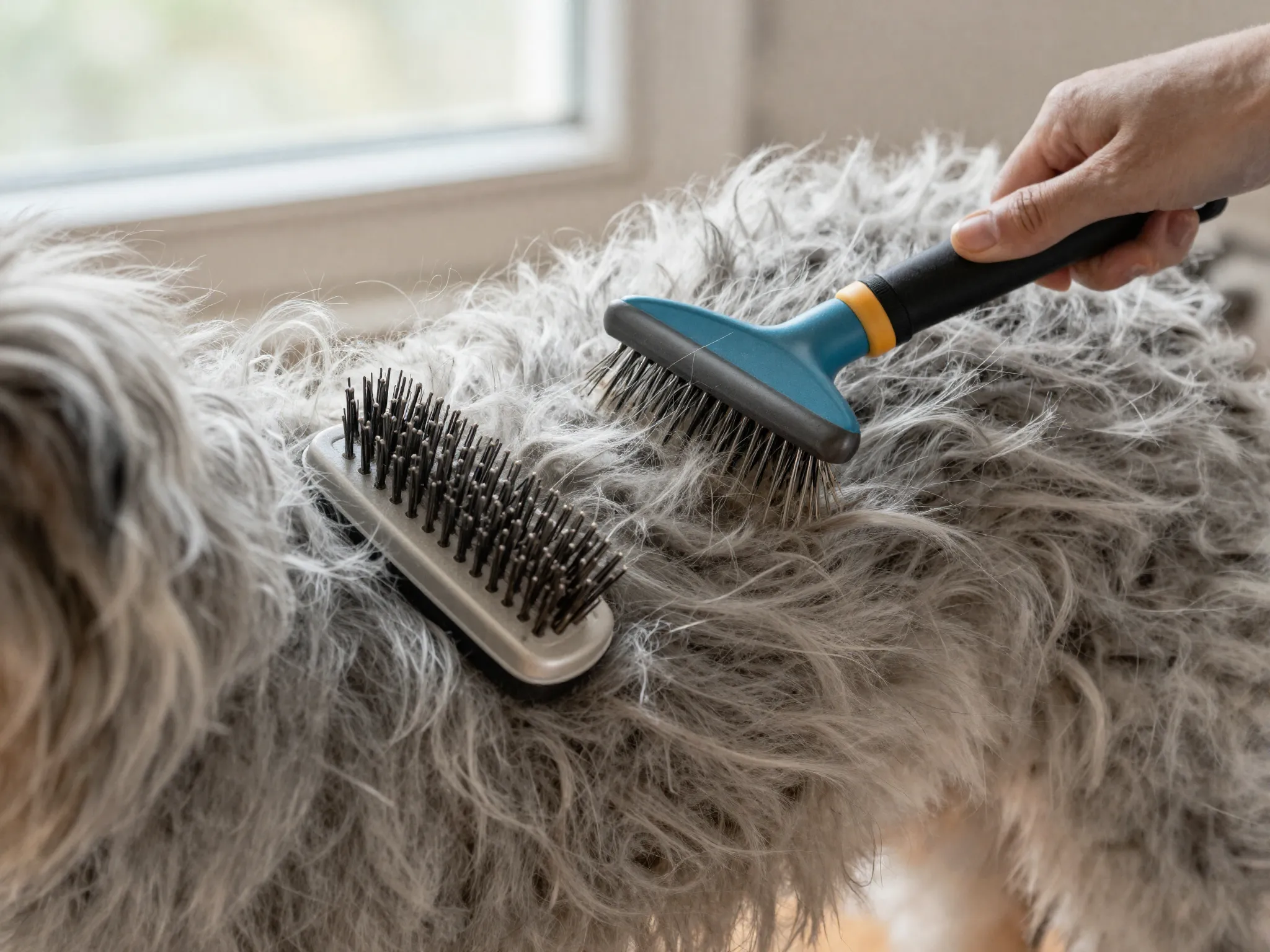 Daily grooming slicker brush and deshedding tool on dog coat