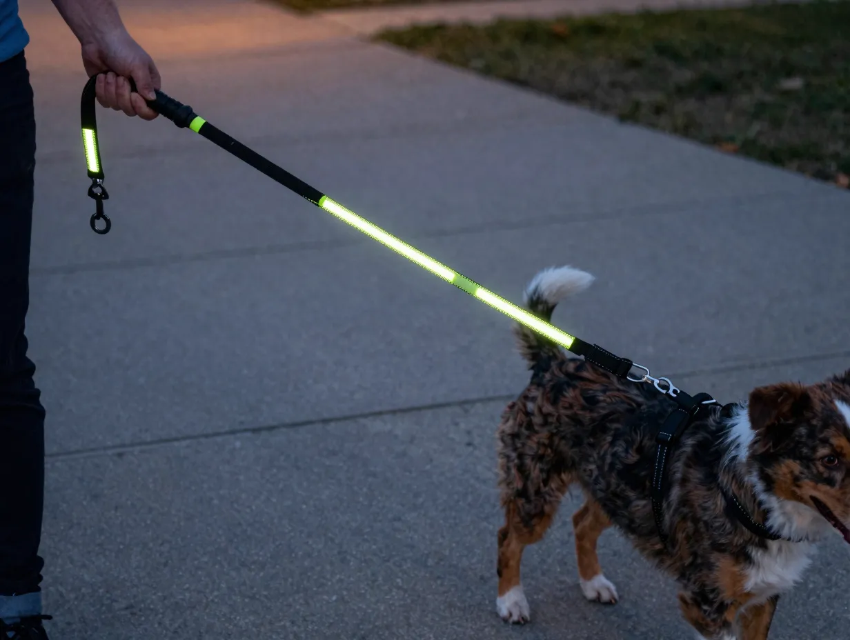 Reflective dual handle leash for control during mini aussie walk